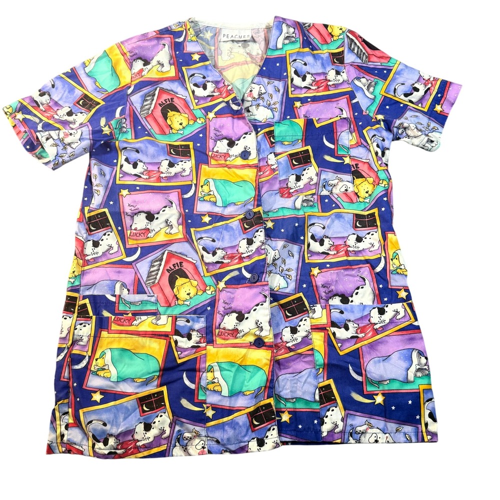 Peaches Uniforms Dalmatian Puppy Print Scrub Top Button Front V-Neck Womens S